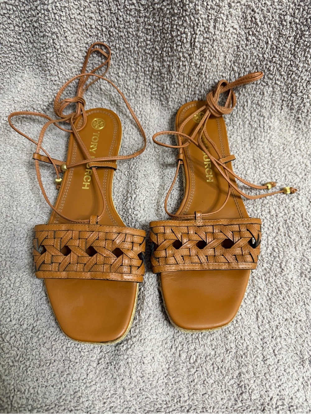 Tory Burch Basket-Weave Leather Lace-Up Espadrille Sandals Tan Size 9